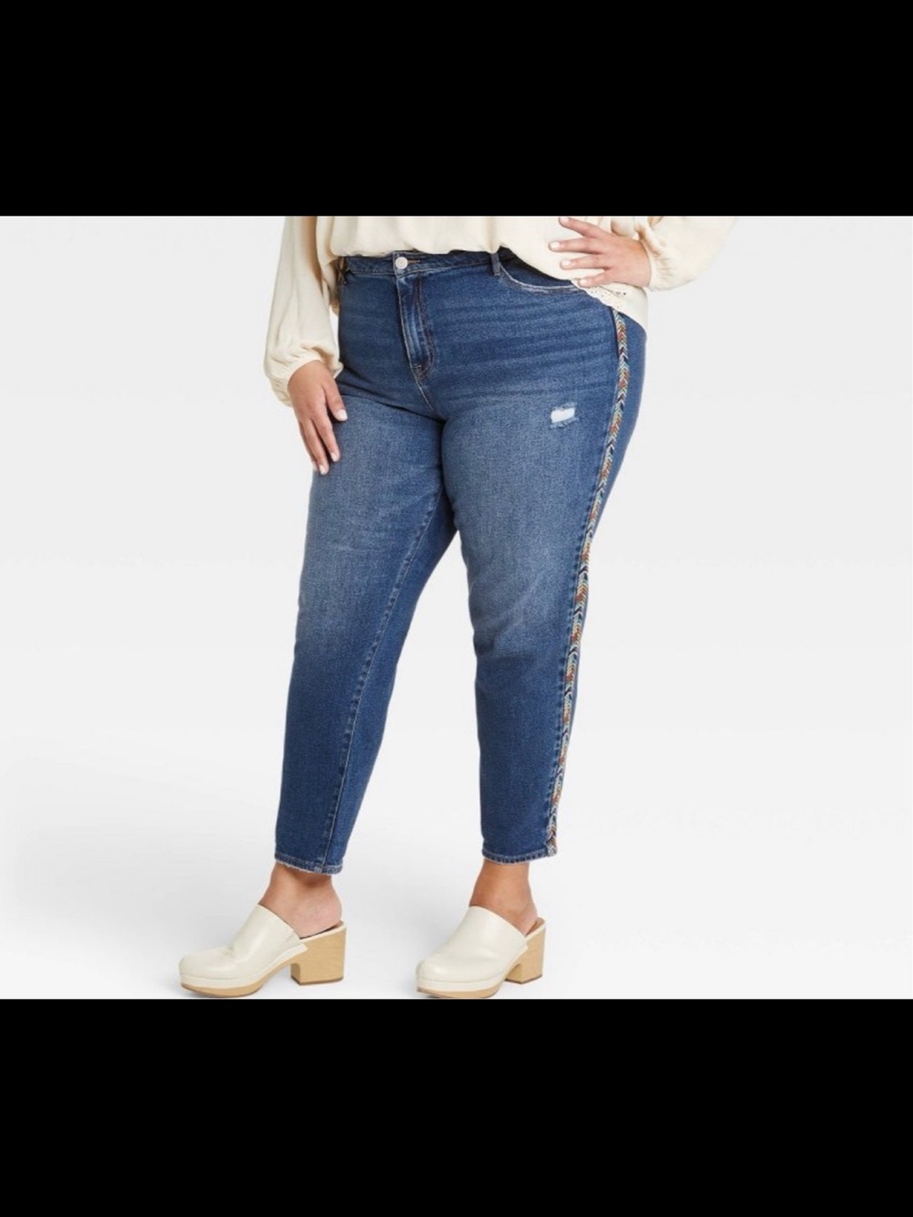 Plus-Size Blue Denim Jeans with Embroidered Side Stripe